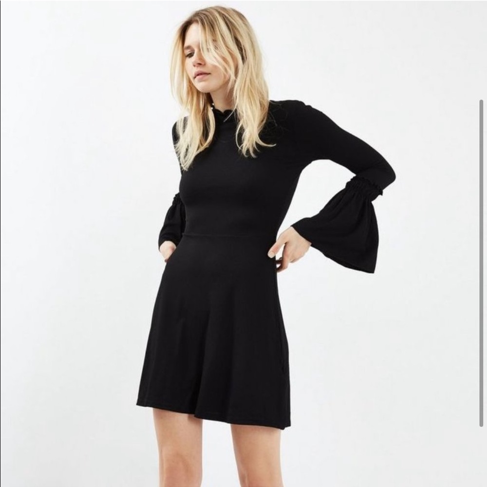 Topshop Black Bell Sleeve A-line High Neck Ruffle Dress
